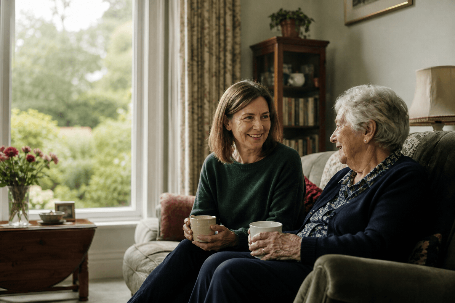 A woman visiting an older relative and sharing tea in a comfortable home