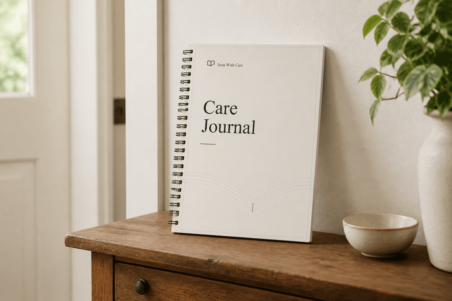Seen With Care Care Journal and an open page showing the repeatable visit prompts