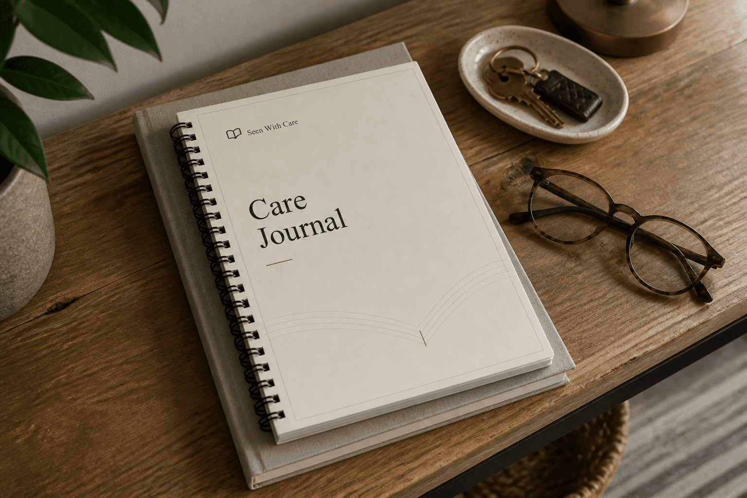 Seen With Care Care Journal resting on a book beside glasses and keys