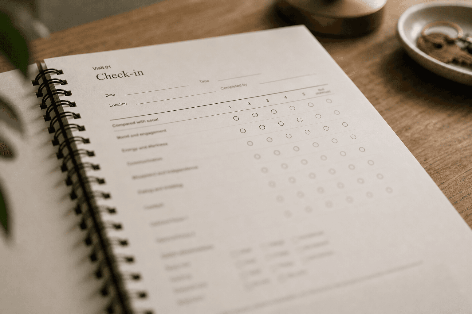 Close view of the Care Journal Check-in page on a wooden table, with the upper scoring area in focus